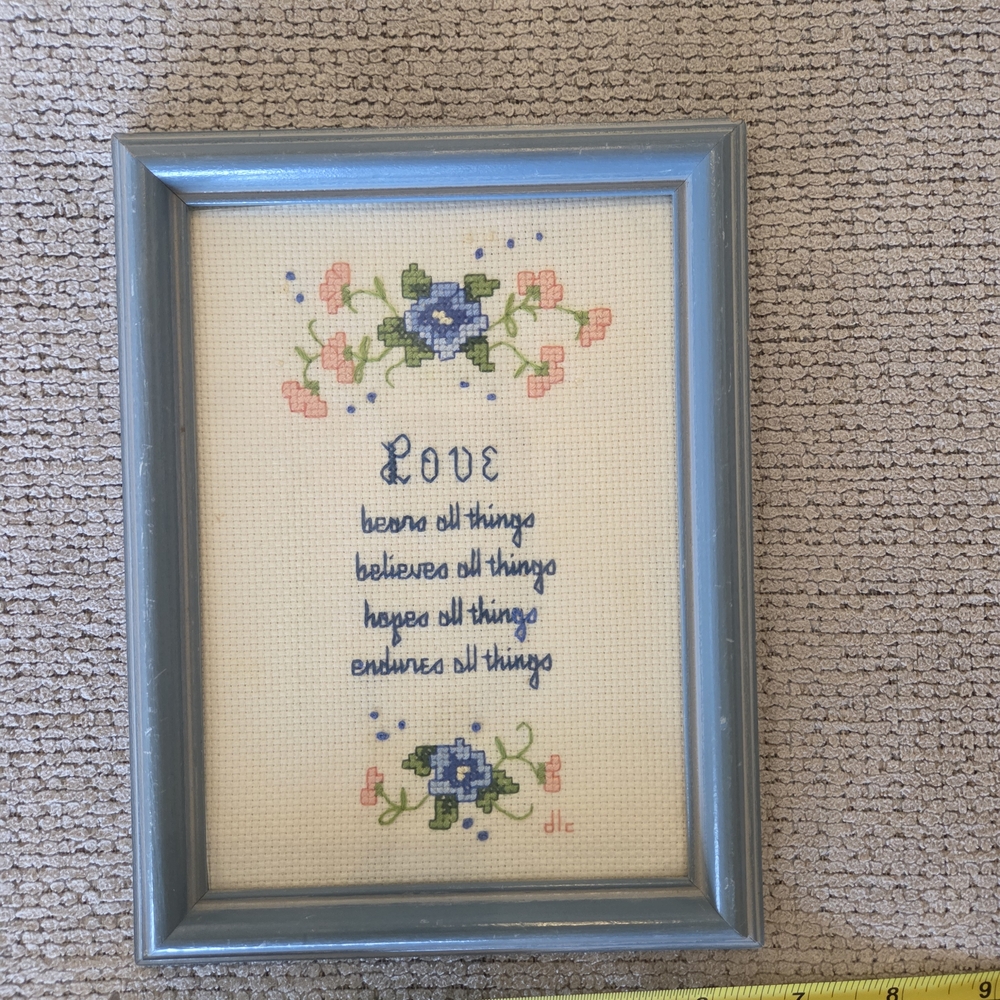 Blue Floral Cross-Stitch 'Love' Framed Embroidery